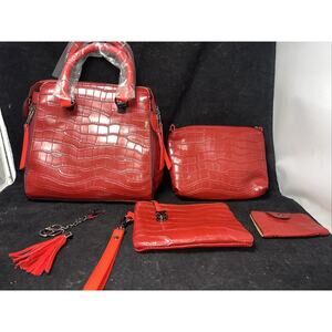 New Leza Red Satchel Bag 2 Smaller Purse Inside Zip Key Chain